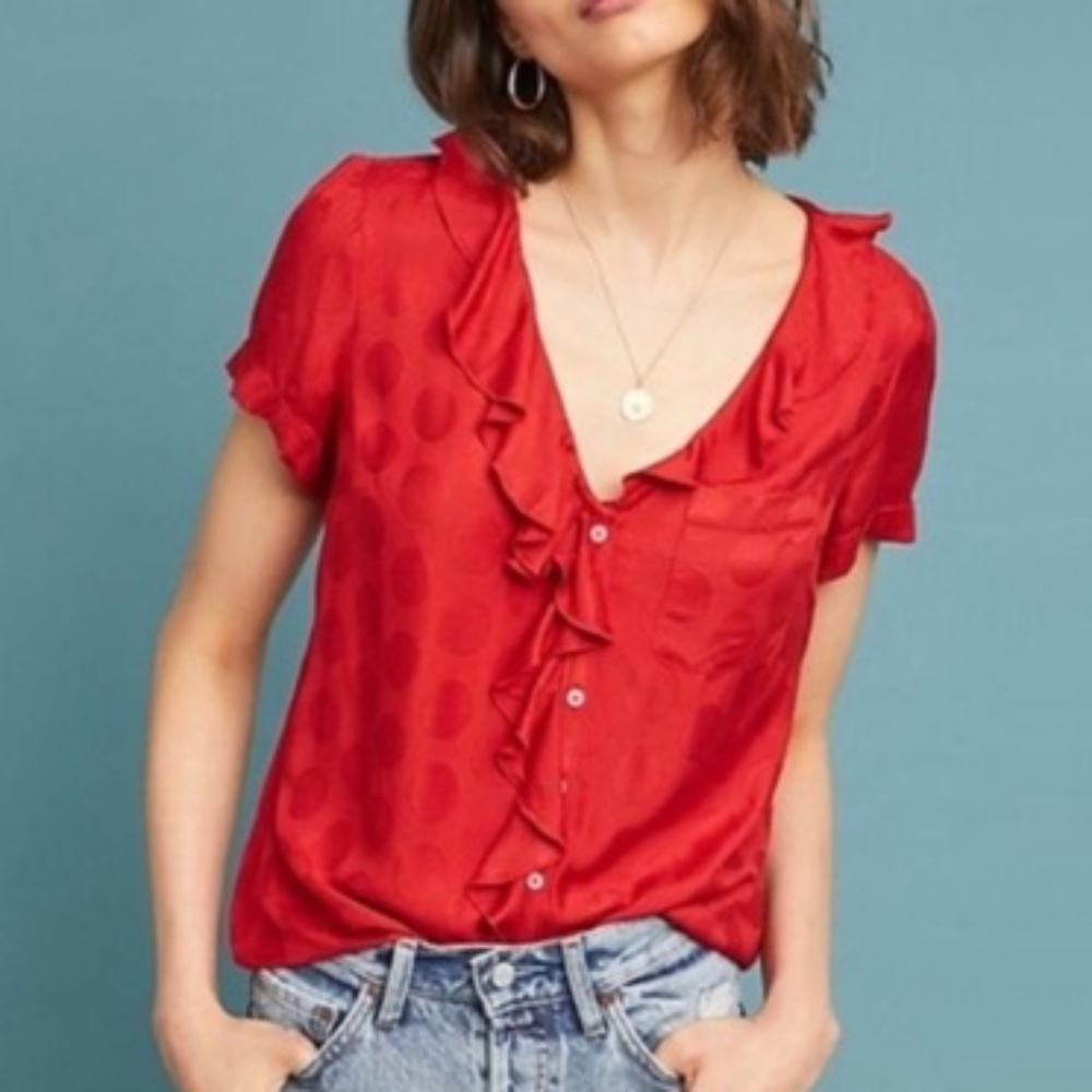 Anthropologie Maeve Jojo Ruffle Button Up Top